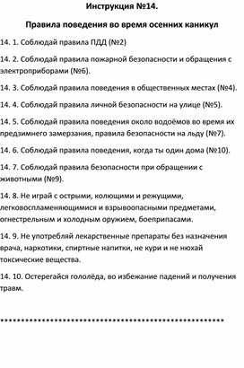 Обложка для материала Правила безопасности: Инструкция №14.  Правила поведения во время осенних каникул