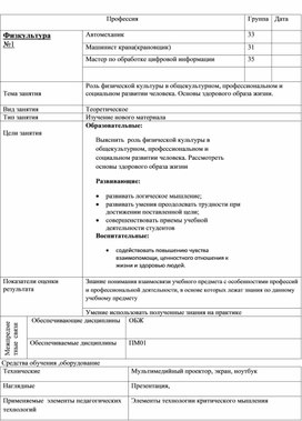 Обложка для материала технологическая карта по физической культуре "Роль физической культуры в жизни человека"