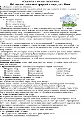 «Сезонные и погодные явления»  Наблюдение за неживой природой на прогулке. "Наблюдение за ветром и облаками".