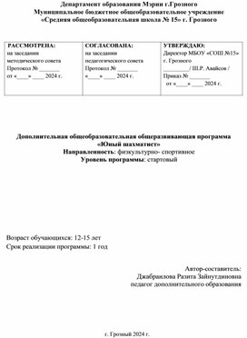 Обложка для материала Рабочая программа по ДОП образованию "Шахматный кружок"