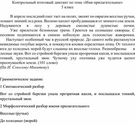 Обложка для материала Контрольный диктант с грамматическим задание по теме "Имя прилагательное" 5 класс