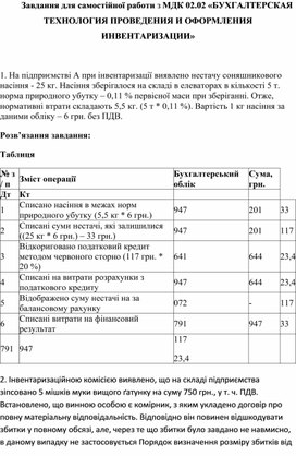 Завдання для самостійної работи з МДК 02.02 «БУХГАЛТЕРСКАЯ ТЕХНОЛОГИЯ ПРОВЕДЕНИЯ И ОФОРМЛЕНИЯ ИНВЕНТАРИЗАЦИИ»