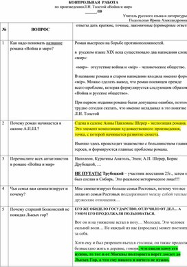 Контрольные вопросы с ответами по роману «Война и мир» Л.Н. Толстого