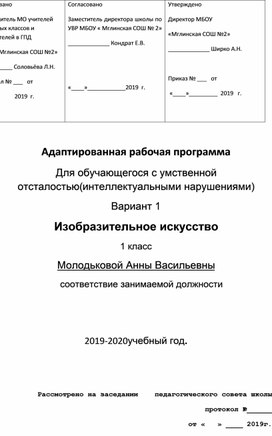 Адаптированная рабочая прогамма ИЗО 1 класс УО 8.1