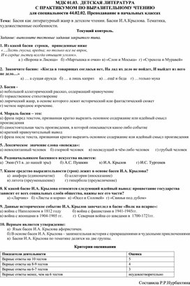 Басня как литературный жанр в детском чтении. Басни И.А.Крылова. Тематика, художественные особенности.