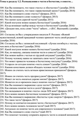 Обложка для материала Темы к разделу 1.2. "Размышления о чести и бесчестии, о совести…"