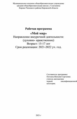 Рабочая программа внеурочой деятельности " Мой мир" Духовно- нравственное направление в 11 классе