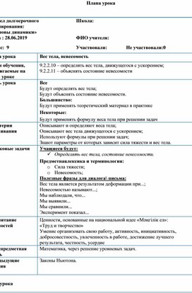 Раздел долгосрочного планирования. Вес тела, невесомость