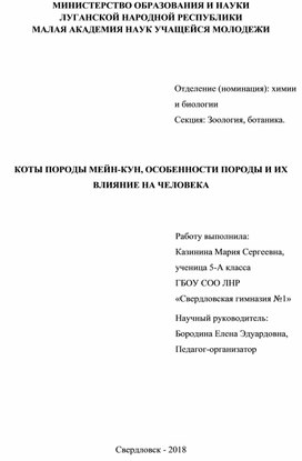 КОТЫ ПОРОДЫ МЕЙН-КУН, ОСОБЕННОСТИ ПОРОДЫ И ИХ ВЛИЯНИЕ НА ЧЕЛОВЕКА