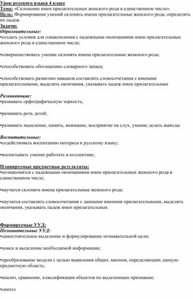 Урок русского языка 4 класс Тема: «Склонение имен прилагательных женского рода в единственном числе».