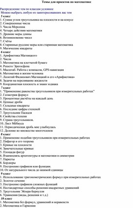Обложка для материала Темы ученических проектов по математике 5-11 класс