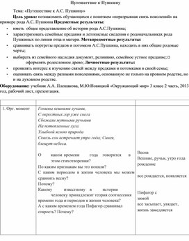 Обложка для материала Окружающий мир 3 класс Путешествие к Пушкину конспект урока