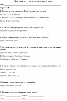 Итоговый тест по русскому языку для обучающихся 1 класса