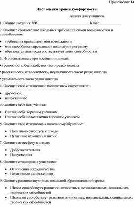 Обложка для материала Приложение ВСОКО - Лист оценки уровня комфортности