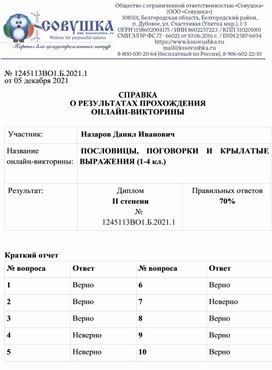 Обложка для материала № 1245113ВО1.Б.2021.1 от 05 декабря 2021  СПРАВКА О РЕЗУЛЬТАТАХ ПРОХОЖДЕНИЯ ОНЛАЙН-ВИКТОРИНЫ  Участник: 	Назаров Данил Иванович Название  онлайн-викторины:	ПОСЛОВИЦЫ, ПОГОВОРКИ И КРЫЛАТЫЕ ВЫРАЖЕНИЯ (1-4 кл.)