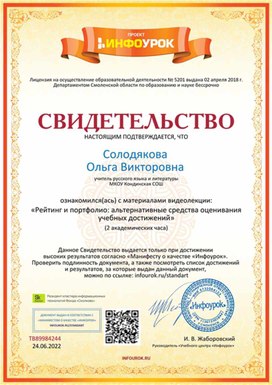 Обложка для материала Свидетельство "Рейтинг и портфолио: альтернативные средства оценивания"