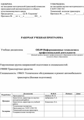 Обложка для материала Рабочая программа по ОП.09 ИТ в ПД для специальности ТО