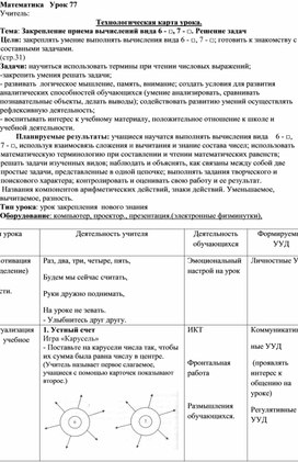 Конспект урока математики в 1 классе по теме "Закрепление приема вычислений вида 6 - □, 7 - □. Решение задач"