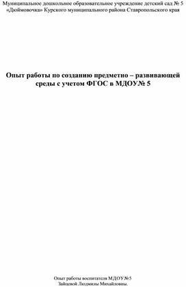 Опыт работы по созданию предметно – развивающей среды с учетом ФГОС в МДОУ№ 5