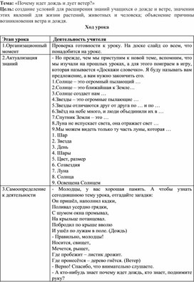 Конспект урока по окружающему миру 1 класс "Почему идет дождь и дует ветер?"