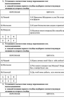 Тест по комедии А. С. Грибоедова "Горе от ума".