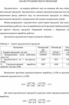 Доповідь за темою: АНАЛІЗ ТРУДОМІСТКОСТІ ПРОДУКЦІЇ