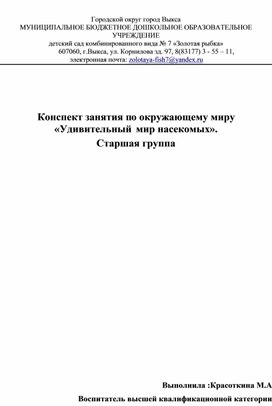 Конспект  занятия по окружающему миру " Удивительный мир насекомых"  Старшая группа