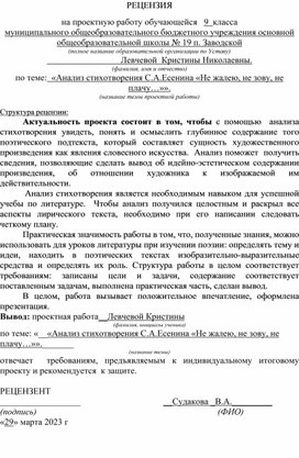 Обложка для материала Рецензия на проектную деятельность