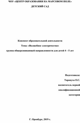 Конспект образовательной деятельности Тема: «Волшебное электричество» группа общеразвивающей направленности для детей 4 – 5 лет