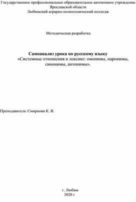 Самоанализ урока по русскому языку