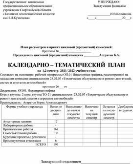 КТП ОП.01 Инженерная графика, специальности 23.02.07 «Техническое обслуживание и ремонт двигателей, систем и агрегатов автомобилей»