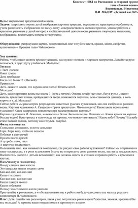 Конспект НОД по Рисованию  в старшей группе теме «Ранняя весна» Воспитатель: Никитина Олеся Ивановна  Иркутская область город Усолье - Сибирское МБДОУ «Детский сад №7»