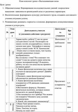 Обложка для материала Конспект урока физики в 7 классе: "Выталкивающая сила"