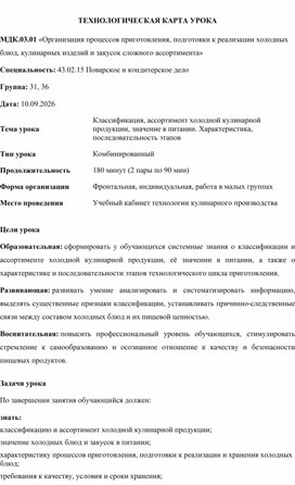 Обложка для материала Технологическая карта урока по МДК.03.01 Организация процессов приготовления, подготовки к реализации холодных блюд, кулинарных изделий и закусок сложного ассортимента