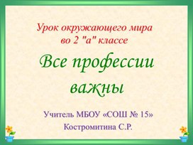 Презентация по окружающему миру. Тема урока: «Все профессии важны» 2 класс