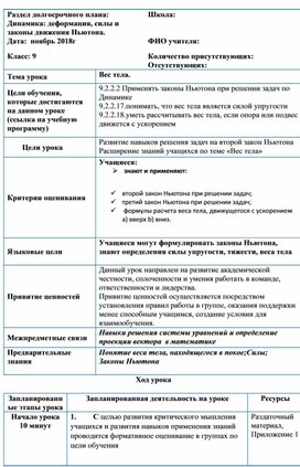 Обложка для материала 9 класс, Вес тела поурочное планирование