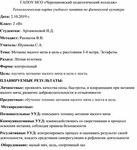 Конспект учебного занятия на тему: Метание малого меча в цель с расстояния 3-4 метра. Эстафеты.