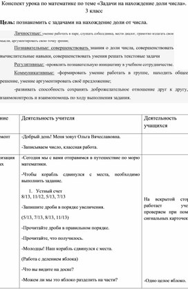 Конспект урока по математике "Дроби". УМК "Занкова"