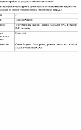 Проверочная работа по литературному чтению . 3 класс. Тема "Поэтическая тетрадь"