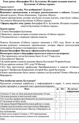 Обложка для материала Конспект урока "История создания повести Собачье сердце"