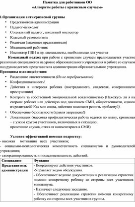 Обложка для материала Памятка для педагогов «Алгоритм работы с кризисным случаем»
