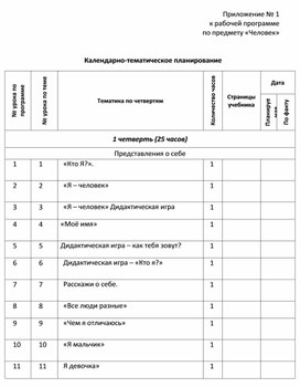 Календарно-тематическое планирование по предмету "Человек"