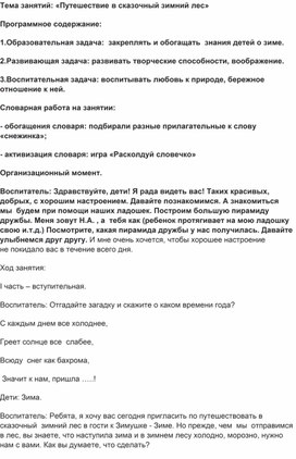 Занятие по дополнительному образованию: "Путешествие в зимний лес".