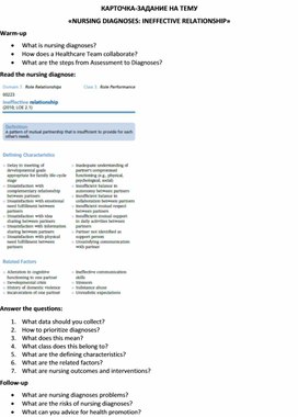 Обложка для материала Карточка-задание по английскому языку на тему «NURSING DIAGNOSES: INEFFECTIVE RELATIONSHIP»