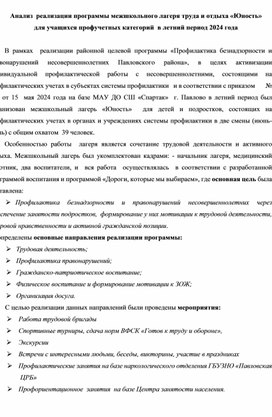 Анализ реализации программы  лагеря труда и отдыха  "Юность"  в летний период 2024