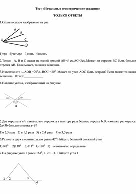Тест по теме: "Начальные геометрические сведения" (7 класс)