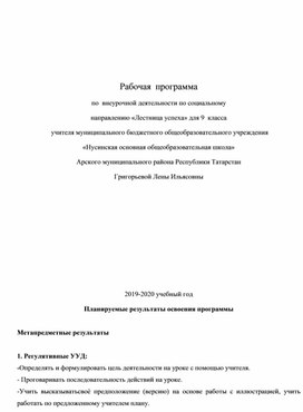 Обложка для материала Рабочая  программа  по  внеурочной деятельности по социальному  направлению «Лестница успеха» для 9  класса