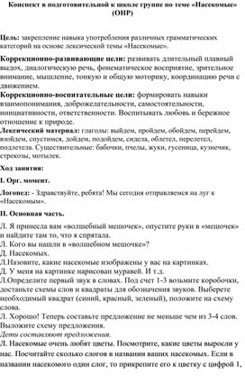 Конспект для воспитанников подготовительной к школе группе по теме «Насекомые» (НВОНР)