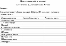 Обложка для материала Практическая работа по теме: "Сравнительная характеристика Европейской и Азиатской частей России"