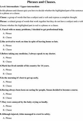 Обложка для материала Тестирование по английскому языку на тему "Sentence Structure. Phrases and Clauses"